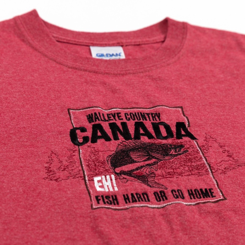 Canada Walleye Fishing Medium Embroidered Heather Red T-Shirt Fish‎ Or Go Home